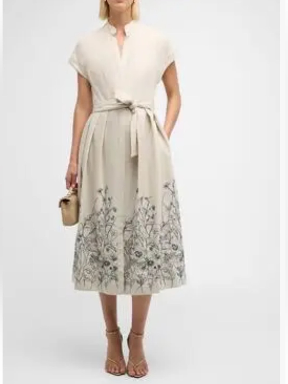 Eleventy Floral-Embroidered Linen Midi Dress